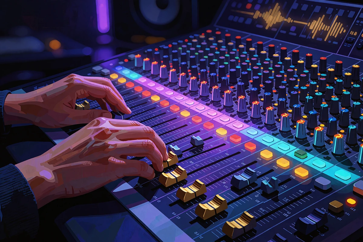 Anonyme h&aelig;nder justerer faders p&aring; et mixerpult med violette og cyanfarvede lamper - symbol p&aring; casino med rytme hos WinBeatz