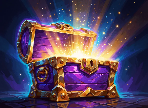 Violet skatkiste med guldbeslag og &aring;bent l&aring;g, hvor en str&aring;le af gyldent lys stiger op - symbol p&aring; buy bonus-slots