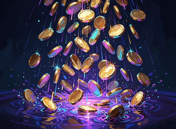 Polerede guldm&oslash;nter regner ned i en lysende violet pool af lys - illustration af drops og wins-slots