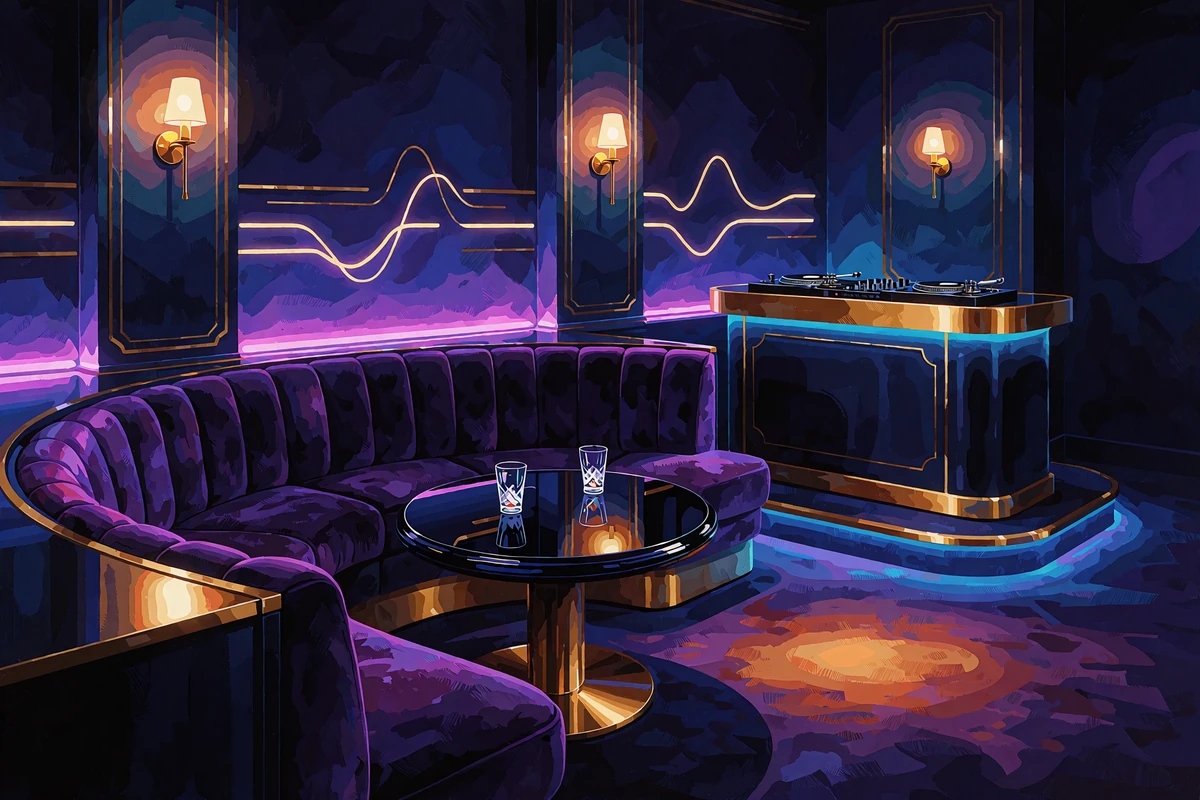 Tomt privat lounge om natten med violet fl&oslash;jlssofa, sort glasbord og gyldent DJ-pult - VIP Club hos WinBeatz