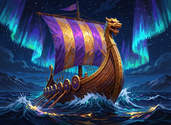 Vikingeskib med dragest&aelig;vn og violet-gyldent sejl i stormfulde b&oslash;lger under nordlys