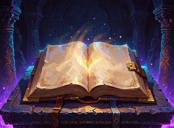 &Aring;ben gammel l&aelig;dergrimoire med guldkanter p&aring; et stenalter i en m&oslash;rk grav - illustration af book-style online slots