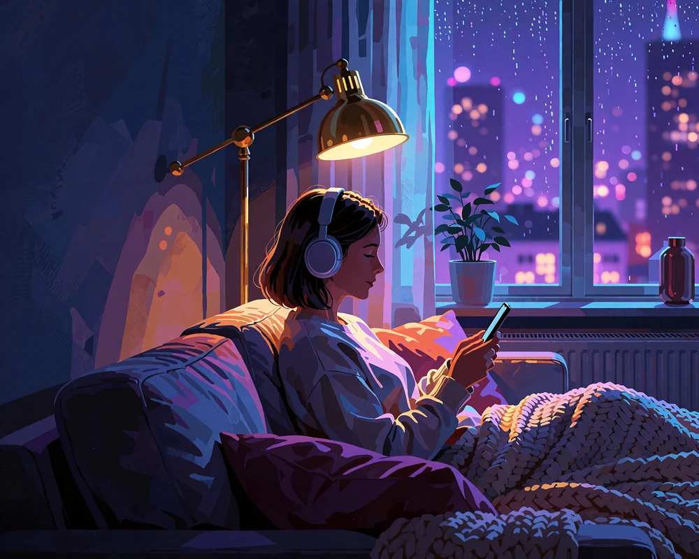 Voksen med hovedtelefoner slapper af i sofaen en aften med smartphone ved en messinglampe - spil p&aring; mobilen