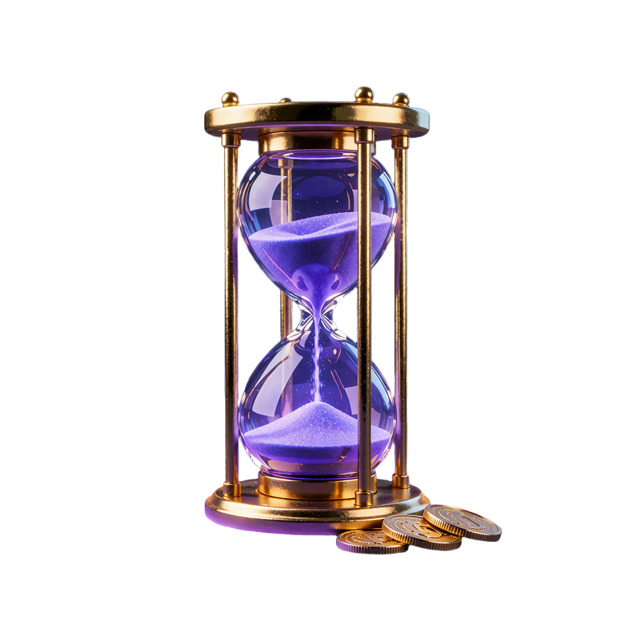 Gyldent timeglas med violet sand og tre guldm&oslash;nter ved foden - symbol p&aring; behandlingstid for udbetaling