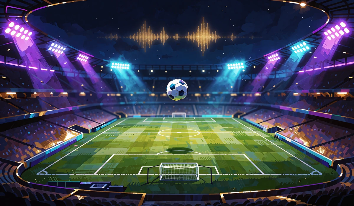 Tomt fodboldstadion om natten med hvid bold i luften over midtercirklen og violette og cyanbl&aring; projekt&oslash;rer - sportsbook