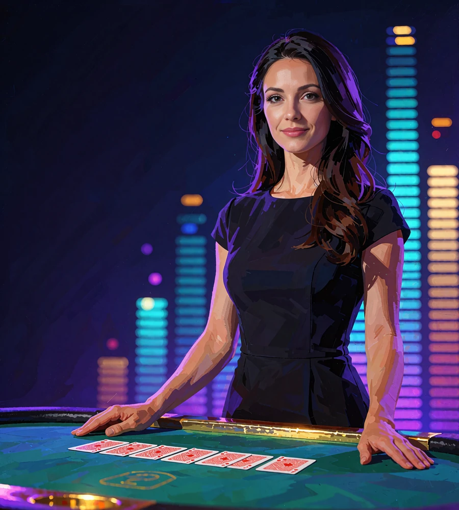 Kvindelig croupier ved gr&oslash;nt filtbord med lukkede spillekort foran s&oslash;jler af lysende equalizer-barer
