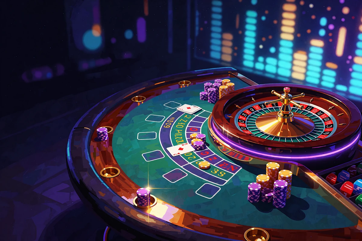Live casino-bord set fra oven med roulettehjul med guldkant og blackjackbord i gr&oslash;n filt med violette og gyldne jetoner