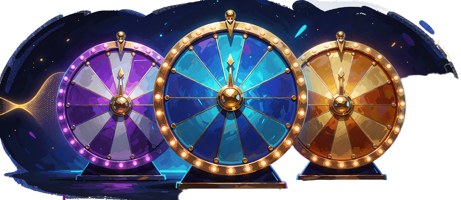 Tre lykkehjul i violet, bl&aring; og guld med gyldne kanter - Coins Wheel, Free Spins Wheel og Cash Wheel