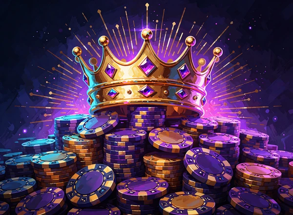 Juvelbesat gylden krone oven p&aring; en h&oslash;j bunke violette og gyldne jetoner - symbol p&aring; jackpot-slots